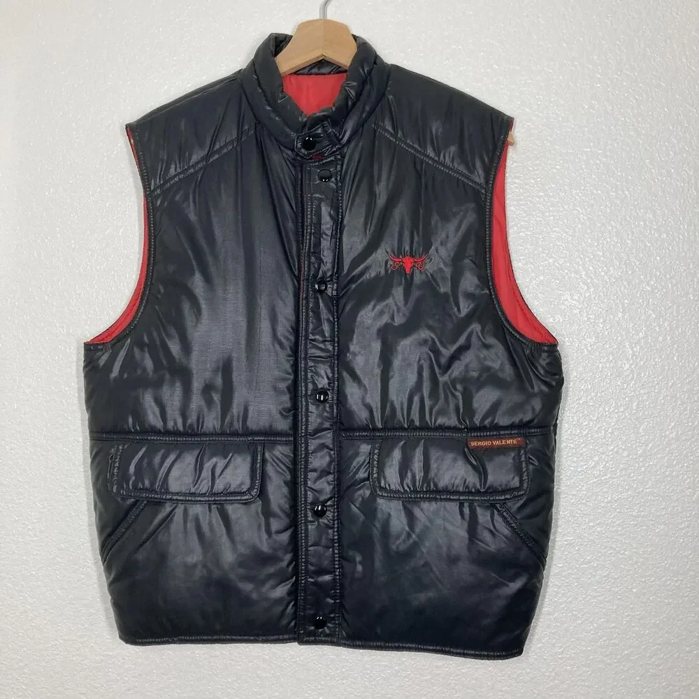 Sergio Valente Vest Mens Large Black Puffer Quilted Dragon Back Embroidered